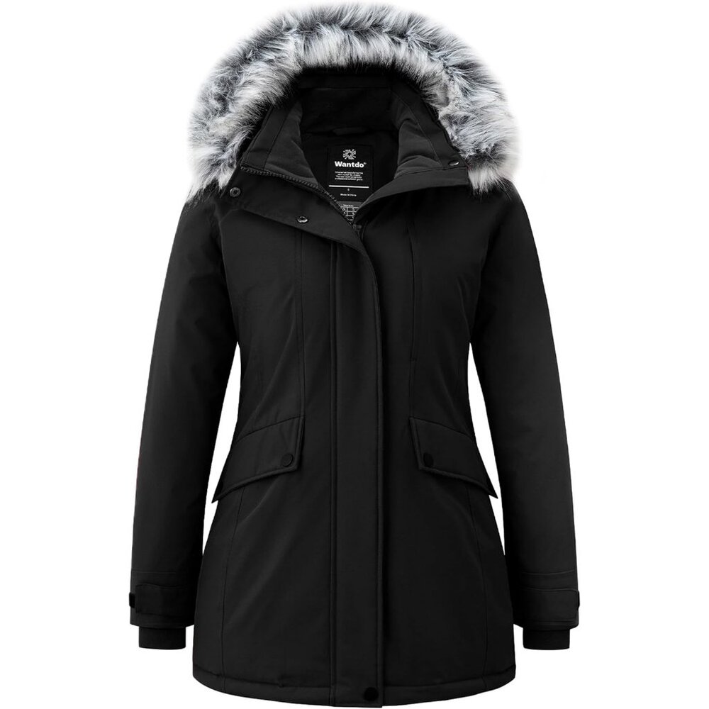 Women's Black Down Puffer Hooded Coat Jacket Faux Fur Winter Warm Long Pike